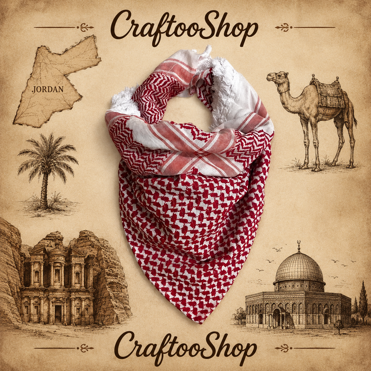 Jordan Scarf Malaki Red Shemagh, Woven Stitched Arab Shawl Handmade Fur Royal Hi-Quality, Unique Kuffyieh Headcover Multi-use Vintage Hatta with Black Agal