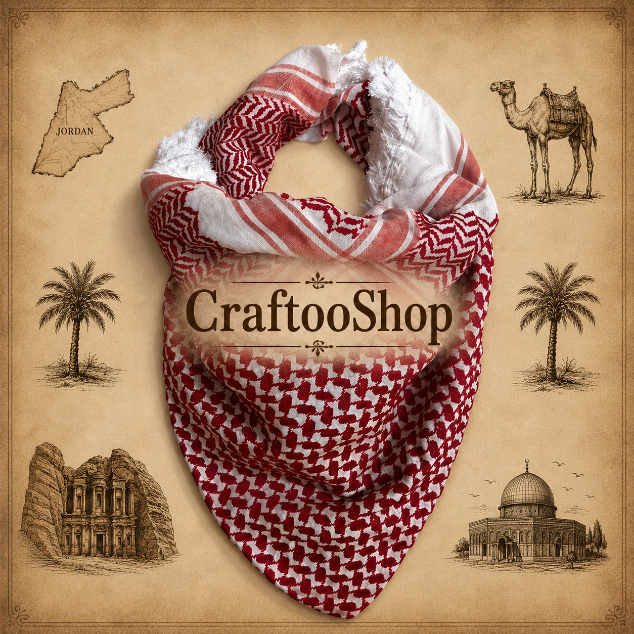 2x Pieces Red Shemagh Kuffyieh Arab Scarf, Vintage Dress, Unique Woven Stitched, Hatta Kofya HandCrafted Scarves Traditional Style Unisex FaceMask, No tassels