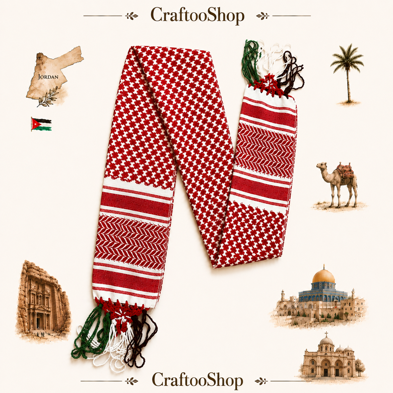 Red Shemagh Flag Scarf, Jordanian Tradition Arabian Hatta design, Student Graduation, Tie kofyah Scarves Parties, Bandana 52inchX4.2inch