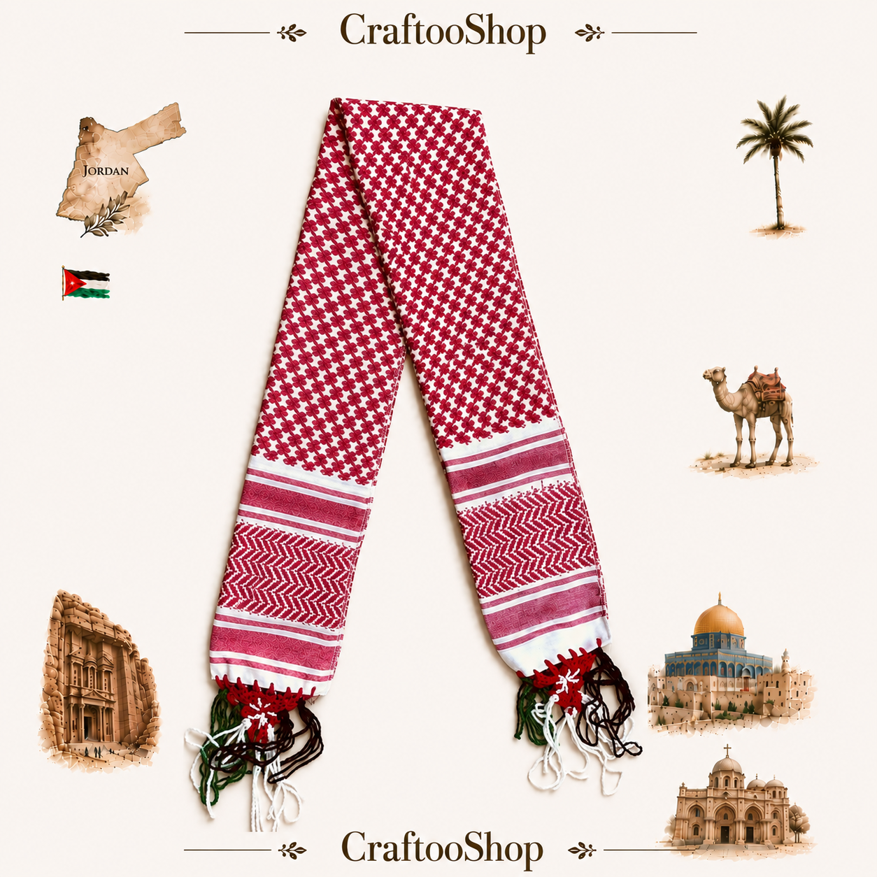 Red Shemagh Flag Scarf, Jordanian Tradition Arabian Hatta design, Student Graduation, Tie kofyah Scarves Parties, Bandana 52inchX4.2inch