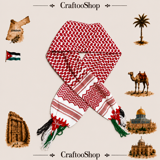 Red Shemagh Flag Scarf, Jordanian Tradition Arabian Hatta design, Student Graduation, Tie kofyah Scarves Parties, Bandana 52inchX4.2inch