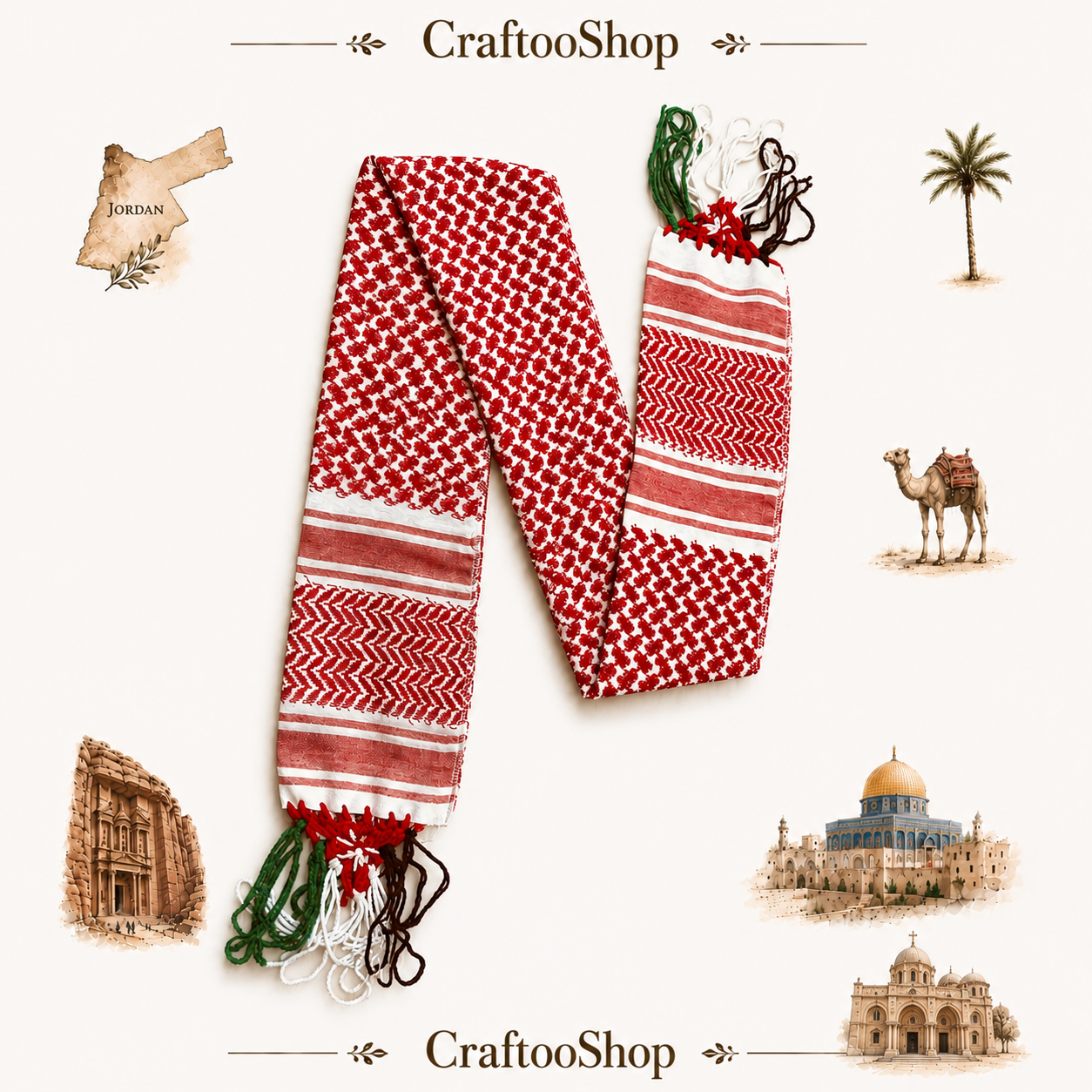 Red Shemagh Flag Scarf, Jordanian Tradition Arabian Hatta design, Student Graduation, Tie kofyah Scarves Parties, Bandana 52inchX4.2inch