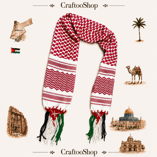 Red Shemagh Flag Scarf, Jordanian Tradition Arabian Hatta design, Student Graduation, Tie kofyah Scarves Parties, Bandana 52inchX4.2inch