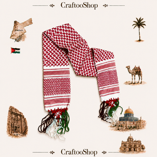 Red Shemagh Flag Scarf, Jordanian Tradition Arabian Hatta design, Student Graduation, Tie kofyah Scarves Parties, Bandana 52inchX4.2inch