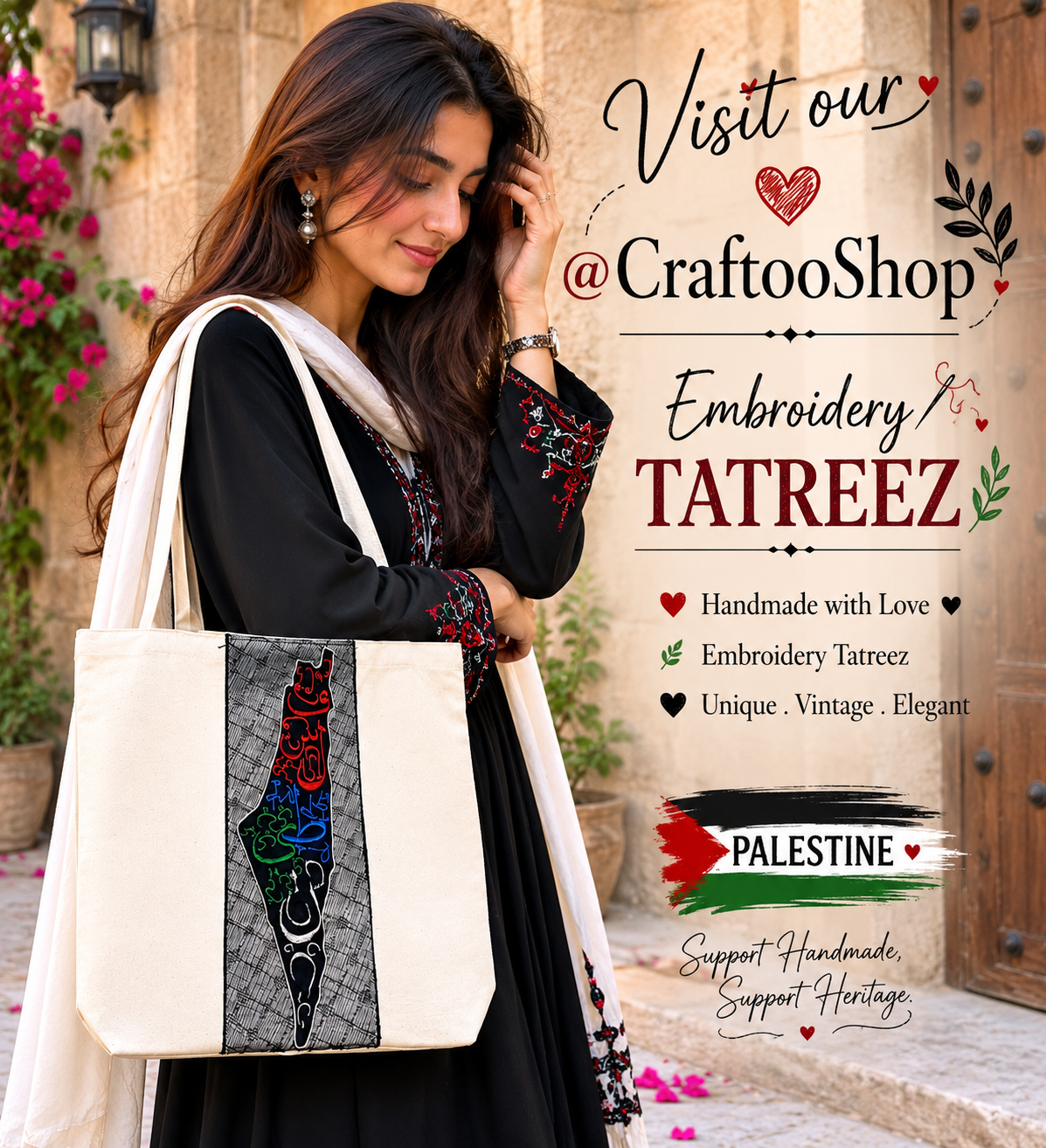 Palestine Map Canvas Tote Bag, Shoulder Bag, Vintage Unique Handmade Heavy Work multi-function Zipper Bag