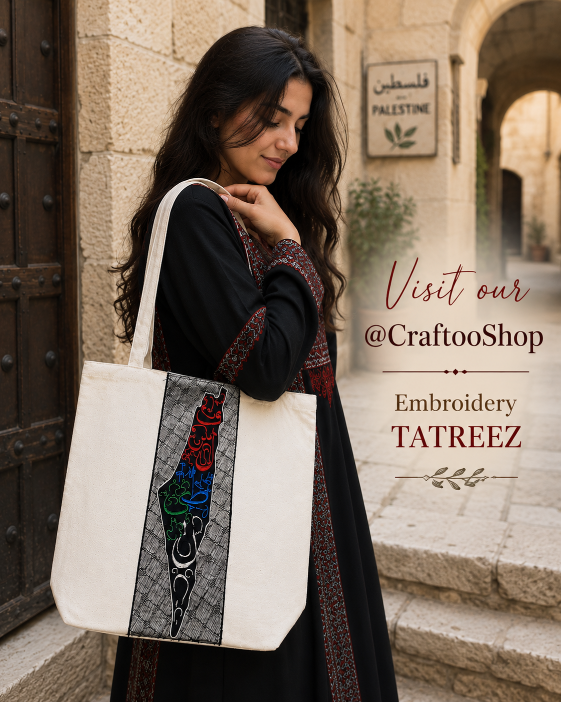 Palestine Map Canvas Tote Bag, Shoulder Bag, Vintage Unique Handmade Heavy Work multi-function Zipper Bag